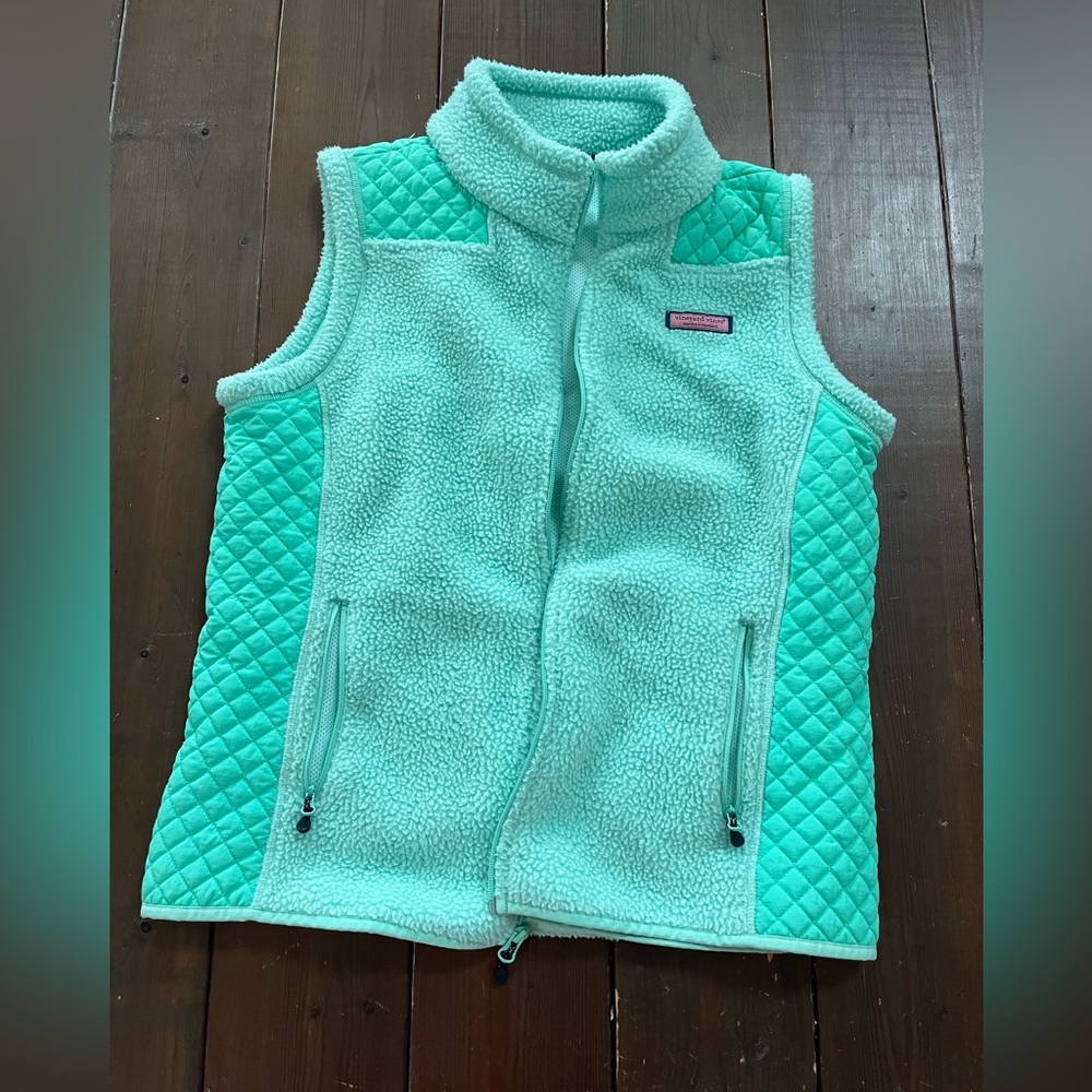 Women’s Medium Vineyard Vines Sea View Mint Green quilted fleece Sherpa zip vest